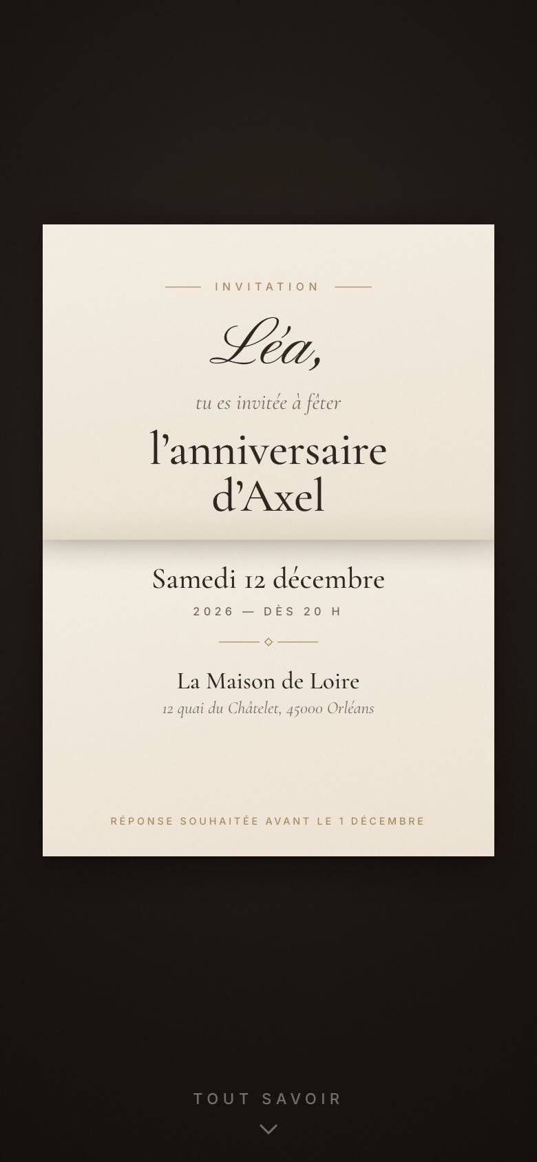 L’invitation dépliée sur téléphone